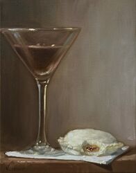  alcohol cocktail_glass commentary cup drinking_glass english_commentary food food_bite food_focus gradient_background highres jam martini napkin no_humans noahverrier oil_painting_(medium) original painting_(medium) peanut_butter sandwich table traditional_media wooden_table 