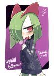  bags_under_eyes green_hair hair_over_one_eye heavy_breathing highres hood hoodie horns ino_(tellu0120) kirlia long_sleeves looking_at_viewer milestone_celebration pink_eyes pokemon pokemon_(creature) purple_background purple_hoodie sidelocks simple_background sweatdrop tongue tongue_out 