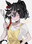  1girl animal_ears apron black_hair blurry blurry_background blush collarbone commentary_request grin hair_between_eyes hair_ornament hand_on_own_hip highres holding holding_spatula horse_ears horse_girl horse_tail katsuragi_ace_(umamusume) m75255831 multicolored_hair official_alternate_costume shirt short_sleeves simple_background smile solo spatula streaked_hair tail tassel tassel_hair_ornament translation_request umamusume upper_body white_background white_hair white_shirt yellow_apron 