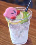  ;o blue_eyes blurry blurry_background blush_stickers bubble colored_skin cup disposable_cup drink drinking_straw highres ice ice_cube kirby kirby_(series) leaf lemon_squash miclot no_humans on_food one_eye_closed parted_lips pink_skin red_footwear shadow shoes solo table 
