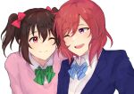  2girls black_hair blue_bow blue_bowtie bow bowtie cardigan cheek-to-cheek closed_mouth collared_shirt commentary_request furrowed_brow green_bow green_bowtie hair_between_eyes heads_together highres jacket kiruto_(artar_12) long_sleeves looking_at_another love_live! love_live!_school_idol_project medium_hair multiple_girls nishikino_maki one_eye_closed open_clothes open_jacket open_mouth otonokizaka_school_uniform pink_cardigan red_eyes redhead school_uniform shirt sidelocks striped_bow striped_bowtie striped_clothes twintails upper_body violet_eyes white_background white_shirt winter_uniform yazawa_nico yuri 