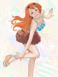  1girl brown_eyes earrings feet flower foot_out_of_frame full_body halterneck hibiscus high_heels highres jewelry legs long_hair looking_at_viewer nail_polish nami_(one_piece) one_piece orange_hair pastel_colors sandals satsuitez sketch skirt smile strappy_heels summer sunglasses toenail_polish toenails toes wedge_heels 