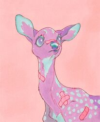  animal animal_focus bandaid bandaid_on_face bandaid_on_neck bandaid_on_nose bandaid_on_shoulder blue_fur blue_sclera bright_pupils closed_mouth colored_eyelashes colored_sclera deer fawn fleebites highres limited_palette looking_up no_humans original pastel_colors pink_background pink_bandaid portrait purple_fur simple_background tongue tongue_out traditional_media violet_eyes white_pupils 