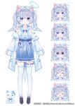  1girl animal_ears blue_dress blue_eyes blue_halo bow cat_ears cat_girl cat_tail character_request coat d_omm dress expressions full_body grey_hair hair_bow hair_ornament halo indie_virtual_youtuber multiple_views reference_sheet simple_background smile standing tachi-e tail thigh-highs virtual_youtuber white_background white_coat white_thighhighs x_hair_ornament 