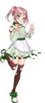  1girl :d animal anniversary apron black_thighhighs burnt_clothes crab dress drew_(drew213g) full_body green_dress hair_bobbles hair_ornament kantai_collection long_sleeves official_alternate_costume official_art open_mouth over-kneehighs pet pink_eyes pink_hair rabbit sazanami_(11th_anniversary)_(kancolle) sazanami_(kancolle) shoes short_hair smile solo tachi-e thigh-highs transparent_background twintails v waist_apron white_apron white_footwear 