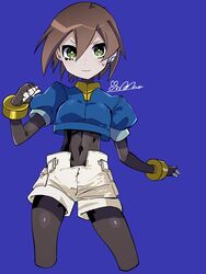  1girl aile_(mega_man_zx) black_bodysuit blue_background blue_jacket bodysuit bodysuit_under_clothes brown_hair covered_navel cowboy_shot cropped_jacket highres jacket koshianpancake looking_at_viewer mega_man_(series) mega_man_zx robot_ears short_hair shorts simple_background solo white_shorts 