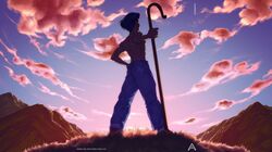  1boy azizdraws blue_hair blue_sky cane clouds ed_edd_n_eddy grass jeans male male_focus mountain mountains rolf_(ed_edd_n_eddy) shirtless sky solo solo_focus 