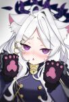  1girl animal_ear_fluff animal_ears animal_hands belt black_coat blue_archive blurry blush cat_ears cat_girl coat coat_on_shoulders commentary_request demon_girl demon_horns depth_of_field fake_animal_ears forehead fur-trimmed_coat fur_trim gloves hair_ornament hairclip halo hina_(blue_archive) horns long_hair long_sleeves looking_at_viewer military_uniform o_(user_xrwa3284) open_clothes open_coat parted_bangs paw_gloves paw_pose sam_browne_belt sidelocks simple_background solo sweatdrop uniform upper_body violet_eyes wavy_hair white_background white_hair 