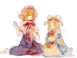  alice_margatroid blonde_hair blue_dress capelet cross cross_facial_mark doll dress facial_mark forehead_tattoo forward_facing_horns frilled_hairband frills hairband highres kneeling large_ribbon lolita_hairband mahou_shoujo_ni_akogarete nero_alice puppet_strings short_hair touhou white_capelet white_shrug youshouhaoxianzhe 