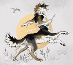  1boy arrow_(projectile) dog_boy dog_tail from_side full_body furry furry_male grey_background highres holding holding_arrow looking_at_viewer luli_(crocowolf333) male_focus original pawpads rearing sample_watermark simple_bird snout solo tail taur watermark yellow_eyes 