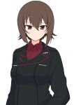  1girl absurdres black_jacket breasts brown_eyes brown_hair closed_mouth dress_shirt expressionless fuminomino girls_und_panzer hair_between_eyes highres insignia jacket kuromorimine_military_uniform long_sleeves looking_at_viewer medium_breasts nishizumi_maho red_shirt shirt short_hair simple_background solo translation_request upper_body white_background 