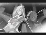  2girls arlecchino_(genshin_impact) clenched_teeth commentary crucabena_(genshin_impact) derivative_work genshin_impact gloves greyscale grin hair_over_one_eye holding holding_sword holding_weapon letterboxed long_hair monochrome multiple_girls narsa screenshot_redraw shirt smile sword teeth upper_body weapon 