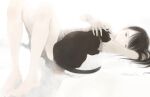  1girl barefoot black_cat black_eyes black_hair cat dress highres junito715 knees_up long_hair lying on_back original petting solo 
