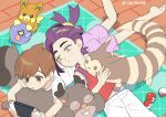  2boys ball barefoot black_hair blush brown_eyes brown_hair croagunk florian_(pokemon) furret greedent handheld_game_console highres kieran_(pokemon) lying lying_on_person male_focus mole mole_on_neck multicolored_hair multiple_boys nintendo_switch on_back on_floor on_stomach parted_lips pawmi poke_ball poke_ball_(basic) pokemon pokemon_(creature) pokemon_sv purple_hair red_tank_top riko990248 shirt shorts stuffed_toy tank_top white_shirt white_shorts yellow_eyes 