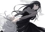  1girl black_dress black_hair breasts bridal_veil dress fishnet_dress fishnet_sleeves fishnets highres holding holding_weapon incoming_attack long_dress long_hair looking_at_viewer osaragi_(sakamoto_days) rokuen_skd sakamoto_days saw see-through see-through_dress veil weapon white_background 