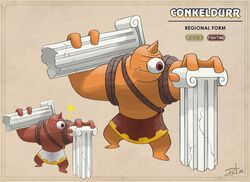  absurdres alternate_color alternate_form ancient_greek_clothes big_nose brown_background character_name closed_eyes colored_skin column conkeldurr cyclops english_text fakemon fewer_digits full_body greco-roman_clothes gugenheim98 highres holding holding_weapon horns ionic_pillar monster one-eyed orange_skin over_shoulder pillar pokemon pokemon_(creature) red_skin rope shiny_pokemon signature single_horn sparkle weapon weapon_over_shoulder 