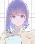  1girl blue_eyes blue_hair book brown_dress dress grid_background highres holding holding_book looking_at_viewer medium_hair open_mouth original otohara_gaku puffy_sleeves signature solo straight-on upper_body 