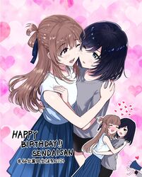  2girls black_shorts blue_eyes blue_skirt blush brown_eyes brown_hair cheek-to-cheek closed_eyes commentary_request grey_shirt hand_on_another&#039;s_shoulder happy_birthday heads_together heart highres hug long_hair looking_at_another lr6fko4upypf9hv miyagi_shiori multiple_girls one_eye_closed open_mouth parted_lips pink_background pleated_skirt purple_hair sendai_hazuki shirt shorts shuuniichido_classmate_wo_kau_hanashi skirt smile translation_request white_shirt yuri 