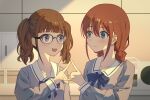  2girls blue_bow blue_bowtie blue_eyes blush bow bowtie brown_hair closed_mouth commentary girls_band_cry glasses grey_shirt hair_between_eyes hina_(girls_band_cry) iseri_nina lanyueqi long_sleeves low_twintails multiple_girls open_mouth sailor_collar school_uniform serafuku shirt short_hair short_twintails symbol-only_commentary teeth twintails upper_body upper_teeth_only white_sailor_collar 