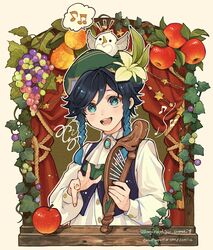  1boy absurdres animal_on_head aqua_eyes aqua_hair artist_name ascot bird bird_on_head black_hair braid brooch english_text flower food fruit genshin_impact gradient_hair green_hat hat hat_flower highres instrument jewelry leaf long_sleeves looking_at_viewer lyre male_focus medium_hair misoshiru_umai4 multicolored_hair musical_note nail_polish on_head open_mouth orange_(fruit) shirt smile solo twin_braids upper_body venti_(genshin_impact) white_ascot white_shirt 