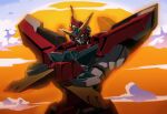  bravern clouds crossed_arms evening g_gundam gundam highres looking_at_viewer mecha orange_sky parody robot san-ban_senji_cha_gubigubi science_fiction sky smile sunset super_robot upper_body v-fin yuuki_bakuhatsu_bang_bravern 