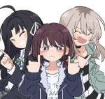  3girls ^_^ ahoge awa_subaru black_choker black_hair black_jacket blue_eyes blue_jacket blush brown_hair choker clenched_teeth closed_eyes collared_shirt commentary dotty-44 girls_band_cry green_ribbon grey_hair hair_ribbon iseri_nina jacket kawaragi_momoka long_hair long_sleeves looking_at_viewer low_twintails multicolored_hair multiple_girls neck_ribbon open_clothes open_jacket pinky_out ribbon roots_(hair) school_uniform shirt short_hair short_twintails simple_background smile striped_clothes striped_shirt symbol-only_commentary teeth twintails white_background white_ribbon white_shirt 