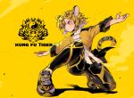  1girl animal_ears black_hair blonde_hair blush highres jacket leggings multicolored_hair original outstretched_arms red_eyes ryuu_tou shoes smile sneakers spread_arms tail tiger tiger_ears tiger_girl tiger_tail two-tone_hair yellow_background yellow_jacket yellow_theme 