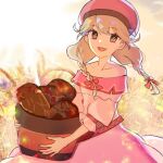  1girl :d bare_shoulders basket blonde_hair bow braid brown_eyes collarbone dress faye_(fire_emblem) faye_(valentine)_(fire_emblem) fire_emblem fire_emblem_echoes:_shadows_of_valentia fire_emblem_heroes graffiti_uthn hair_bow hat holding holding_basket long_hair looking_at_viewer multiple_hair_bows off-shoulder_dress off_shoulder official_alternate_costume open_mouth outdoors pink_dress pink_hat red_bow smile solo twin_braids 