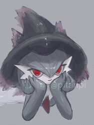  artist_name bob_cut colored_skin cosplay gardevoir grey_background hands_on_own_cheeks hands_on_own_face hat highres looking_at_viewer mismagius mismagius_(cosplay) multicolored_skin pitari pokemon pokemon_(creature) red_eyes simple_background two-tone_skin witch_hat 