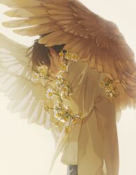  1boy black_hair closed_mouth feathered_wings flower from_side highres male_focus original rido_(ridograph) shirt short_hair solo white_background white_flower white_shirt white_wings wings 