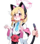  1girl 1other absurdres animal_ear_headphones animal_ears blonde_hair blue_archive blue_necktie blush bow cat_tail collared_shirt fake_animal_ears hair_bow halo headphones highres honi_(honi1010) jacket long_sleeves momoi_(blue_archive) necktie open_mouth pink_halo red_bow red_eyes shirt short_hair simple_background solo_focus tail white_background white_jacket white_shirt wide_sleeves 