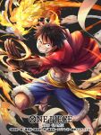  black_background black_eyes black_hair blue_shorts clenched_hand commentary_request flaming_hand foot_out_of_frame hokuyuu jacket looking_at_viewer monkey_d._luffy no_shirt one_piece one_piece_card_game open_clothes open_jacket outstretched_arm red_jacket scar scar_on_face short_hair shorts smile smirk smoke teeth 