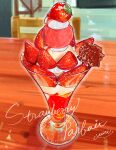  cup drinking_glass food food_focus fruit highres ice_cream miri_illust no_humans original parfait strawberry strawberry_parfait table 