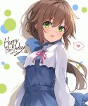  1girl artist_request blue_dress bow brown_hair dated dress eiyuu_densetsu green_eyes hair_bow happy_birthday heart long_hair ponytail sen_no_kiseki sidelocks solo spoken_heart towa_herschel 