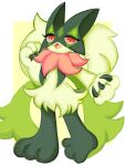  1other animal_ears animal_feet animal_hands border cat_ears claws commentary eyelashes fang furry gorugon01 green_fur highres meowscarada open_mouth other_focus pokemon pokemon_(creature) red_eyes smile solo standing white_border yellow_background 