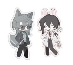  2boys :3 animal_ears belt black_hair black_jacket black_necktie black_pants chinese_commentary closed_mouth collared_shirt commentary_request deformed green_shirt grey_eyes grey_hair hair_between_eyes hair_ribbon hand_on_own_cheek hand_on_own_face jacket kemonomimi_mode lab_coat lanyard liu_qingcheng long_hair long_sleeves male_focus mo_chengwei mole mole_under_mouth multiple_boys necktie open_clothes open_jacket open_mouth pants pink_shirt qilin08672 rabbit_boy rabbit_ears rabbit_tail ribbon round_eyewear shirt simple_background smile sunglasses tail touqi_guaitan white_background white_belt white_ribbon 