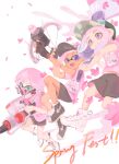  3girls :d absurdres baseball_cap black_footwear black_shorts blue_eyes boots bow_(weapon) closed_mouth cobii_illu commentary_request cross-laced_footwear dolphin_shorts eyebrow_cut gas_mask gun hat heavy_edit_splatling_(splatoon) high_tops highres holding holding_bow_(weapon) holding_gun holding_weapon inkling inkling_girl inkling_player_character mask medium_hair multiple_girls octoling octoling_girl octoling_player_character painbrush_(splatoon) pink_hair pink_shirt print_shirt reef-lux_450_(splatoon) shirt shoes shorts smile sneakers splatoon_(series) splatoon_3 teeth thick_eyebrows upper_teeth_only violet_eyes weapon white_background white_footwear 