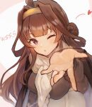  1girl ahoge artist_name blowing_kiss blunt_bangs brown_coat brown_hair brown_scarf coat double_bun foreshortening gold_hairband hair_bun hairband heart kantai_collection kongou_(kancolle) long_hair official_alternate_costume one_eye_closed scarf solo upper_body violet_eyes wss_(nicoseiga19993411) 