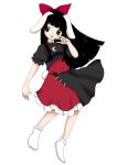 1girl animal_ears bad_id bad_twitter_id black_hair black_shirt black_skirt blunt_bangs blunt_ends bow collared_shirt commentary crescent english_commentary floppy_ears frilled_shirt frilled_shirt_collar frilled_skirt frilled_sleeves frilled_socks frills frown full_body hair_bow hand_on_own_cheek hand_on_own_face highres hime_cut layered_shirt long_hair luo_qiangwei medium_skirt open_mouth puffy_short_sleeves puffy_sleeves rabbit_ears rabbit_tail red_bow red_eyes red_skirt ribbon-trimmed_shirt ribbon-trimmed_skirt ribbon-trimmed_sleeves ribbon_trim shirt short_sleeves sidelocks simple_background skirt socks solo stitches straight_hair tail torn_clothes torn_shirt touhou two-tone_skirt white_background white_socks zun_(style)