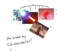  2boys 2girls archer_(fate) armor armored_dress artoria_pendragon_(fate) blindfold blonde_hair blue_bodysuit blue_hair bodysuit chandelier cu_chulainn_(fate) cu_chulainn_(fate/stay_night) english_text excalibur_(fate/stay_night) facial_mark fate/stay_night fate_(series) field_of_blades forehead_mark fourth_wall gae_bolg_(fate) game_screenshot_inset gat0w gears magic_circle medusa_(fate) medusa_(rider)_(fate) meta multiple_boys multiple_girls polearm purple_hair saber_(fate) simple_background spear unlimited_blade_works_(fate) weapon white_background 