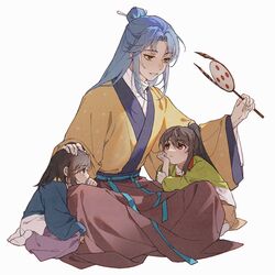  1girl 2boys aged_down black_hair blue_hair brown_hair child chinese_clothes hair_bun hair_ornament hair_stick hand_fan hanfu highres holding holding_fan index_finger_raised jiaoling_ruqun long_hair long_sleeves multiple_boys original ponytail red_eyes sidelocks simple_background single_hair_bun sitting topknot tuanshan wangchuanjiyu323 white_background wide_sleeves yellow_eyes 