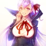  1girl absurdres arm_behind_back bb_(fate) black_coat black_skirt breasts coat collared_shirt fate/extra fate/extra_ccc fate/grand_order fate_(series) grin hair_between_eyes hair_ribbon hand_up high-waist_skirt high_collar highres kin_mokusei large_breasts long_hair long_sleeves looking_at_viewer neck_ribbon open_clothes open_coat purple_hair red_ribbon ribbon shirt simple_background skirt smile solo upper_body violet_eyes white_background white_shirt 