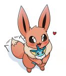  :&lt; :3 afterimage animal_focus bright_pupils commentary_request eevee fangs heart highres holding holding_pokemon minimized motion_lines neck_fur no_humans open_mouth pokemon pokemon_(creature) simple_background smile standing tail tail_wagging tigerlover2625 vaporeon white_background white_pupils 