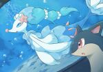 :o air_bubble aquarium blue_eyes bright_pupils bubble colored_eyelashes commentary_request fish matata no_humans open_mouth pokemon pokemon_(creature) primarina quilava red_eyes white_pupils 
