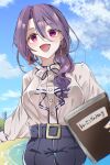  1girl :d belt blue_sky bow breasts clouds earrings hair_between_eyes highres holding holding_notebook horse_girl jewelry kaneki_sei large_breasts long_hair long_sleeves mole mole_under_eye notebook pants ponytail purple_hair shirt sky smile solo standing triangle_earrings tsurugi_ryoka umamusume violet_eyes white_shirt 