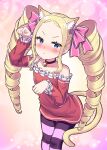 1girl :&lt; animal_ears beatrice_(re:zero) bell blonde_hair blue_eyes blush cat_ears cat_girl cat_tail collar commentary_request detached_sleeves drill_hair frilled_shirt frills hair_ribbon horizontal-striped_thighhighs long_hair looking_at_viewer neck_bell paw_pose pink_background pink_pupils pink_ribbon pink_socks purple_socks re:zero_kara_hajimeru_isekai_seikatsu red_collar red_shirt ribbon s_(hdru2332) shirt socks standing tail thigh-highs twin_drills twintails two-tone_socks 
