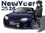  1girl 2024 black_hair black_hoodie black_thighhighs drawstring flat_chest hands_in_pocket happy_new_year highres hood hood_down hoodie license_plate long_hair looking_at_viewer mazda mazda_mx-5 mazda_mx-5_nc mugi_(marineblue134) original parted_lips shadow shoes smile sneakers solo thigh-highs two_side_up vehicle_focus white_background white_footwear 