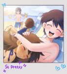  2boys 2girls arrow_(symbol) aubrey_(faraway)_(omori) aubrey_(omori) beach black_hair blue_one-piece_swimsuit blue_swim_trunks blush brown_hair child closed_eyes closed_mouth clouds collarbone cup dark-skinned_female dark_skin drinking_straw english_text facing_viewer food fruit genderswap genderswap_(ftm) genderswap_(mtf) hair_behind_ear hair_between_eyes hand_on_another&#039;s_head heart hero_(faraway)_(omori) hero_(omori) highres holding holding_cup kel_(faraway)_(omori) kel_(omori) lemon lemon_juice lemon_slice long_hair looking_at_another lying mari_(faraway)_(omori) mari_(omori) maromichan messy_hair multiple_boys multiple_girls navel omori on_back one-piece_swimsuit open_mouth outdoors parted_lips sand short_hair siblings sisters smile sparkle standing sweatdrop swimsuit teeth thumbs_up topless_male upper_teeth_only 