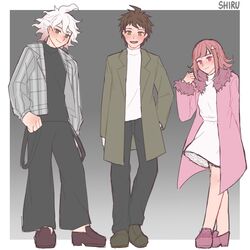  1girl 2boys ahoge alternate_costume black_pants brown_footwear brown_hair brown_jacket danganronpa_(series) danganronpa_2:_goodbye_despair dress fur_collar gradient_background grey_hair grey_jacket highres hinata_hajime jacket komaeda_nagito long_sleeves medium_hair multiple_boys nanami_chiaki open_clothes open_jacket pants pink_jacket shirt shiruchi13 shoes smile standing triangle_hair_ornament white_dress white_shirt 