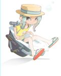  1girl aqua_eyes aqua_hair bloblobber_(splatoon) boater_hat bubble chromatic_aberration closed_mouth commentary flip-flops floating full_body green_footwear hand_rest knees_together_feet_apart looking_to_the_side medium_hair multicolored_footwear octoling octoling_girl octoling_player_character pointy_ears red_footwear sandals shadow shima_(5p6p7p) shirt shoe_soles short_sleeves simple_background sitting smile splatoon_(series) splatoon_2 split_mouth symbol-only_commentary tentacle_hair three_quarter_view white_background white_footwear yellow_shirt 